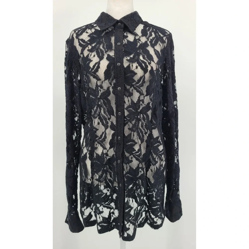 Whimsigoth Lace Ariat Women Top L Button Up Mesh Layering Floral Collar Layering
